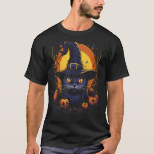 Halloween-Schwarze-Katze-Hexenhut-Kürbis-Mond-Graf T-Shirt
