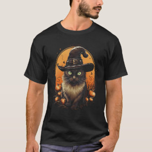 Halloween-Schwarze-Katze-Hexenhut-Mond-Kürbis-Kost T-Shirt