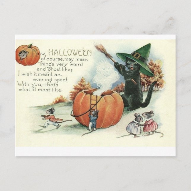 Halloween-Schwarze-Katze-Kätzchen-Mäuse-Maus-Postk Postkarte (Vorderseite)