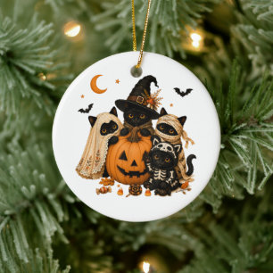 Halloween schwarze Katze Kürbis Hexe Keramik Ornament