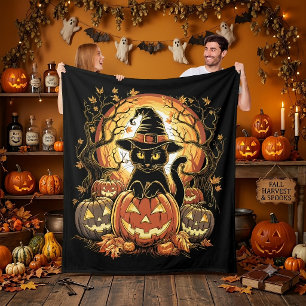 Halloween schwarze Katze Kürbis Hexenkatze Gruseli Fleecedecke