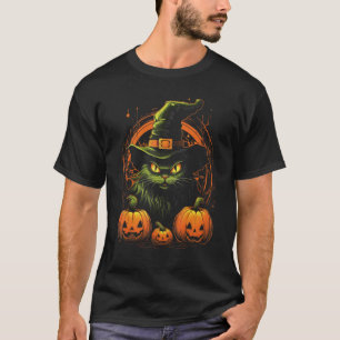 Halloween-Schwarze-Katze-Kürbis-Kostüm-Hexenhut-Sp T-Shirt