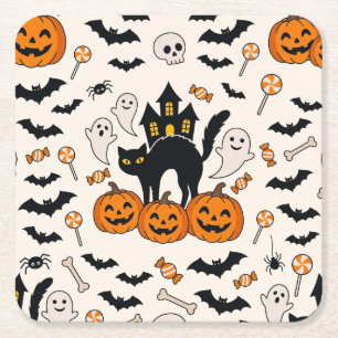 Halloween-Schwarze Katze & Kürbis-Spukhaus Rechteckiger Pappuntersetzer