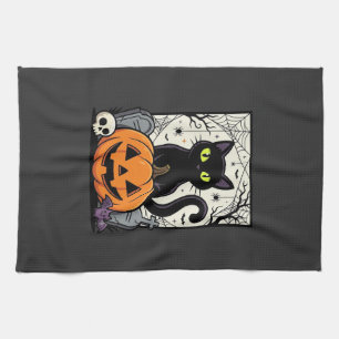 Halloween-Schwarze-Katze-Kürbis-Vektorgrafik Geschirrtuch