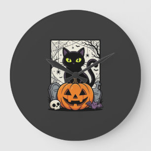 Halloween-Schwarze-Katze-Kürbis-Vektorgrafik Große Wanduhr