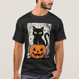 Halloween-Schwarze-Katze-Kürbis-Vektorgrafik T-Shirt