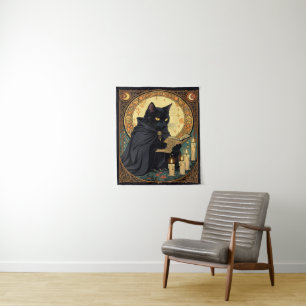 Halloween-Schwarze Katze liest ein Buch Wandteppich