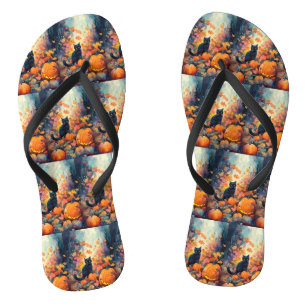 Halloween schwarze Katze mit Kürbissen Gruselig Flip Flops
