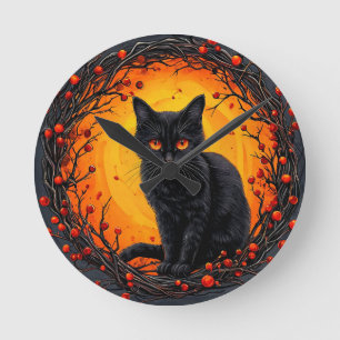 Halloween-Schwarze Katze mit leuchtenden Augen Runde Wanduhr