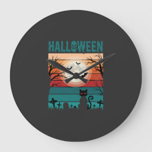 Halloween schwarze Katze Mond Friedhof Retro-Vekto Große Wanduhr