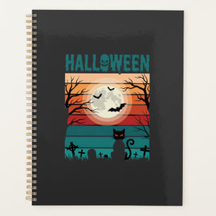 Halloween schwarze Katze Mond Friedhof Retro-Vekto Planer