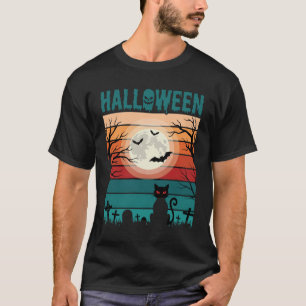 Halloween schwarze Katze Mond Friedhof Retro-Vekto T-Shirt
