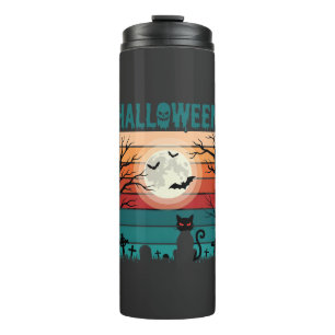 Halloween schwarze Katze Mond Friedhof Retro-Vekto Thermosbecher