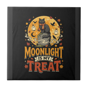 Halloween-Schwarze-Katze-Mond-Magie Fliese