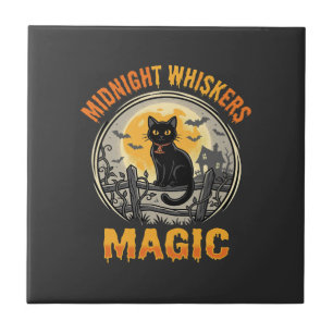 Halloween-Schwarze-Katze-Mondlicht-Magie Fliese