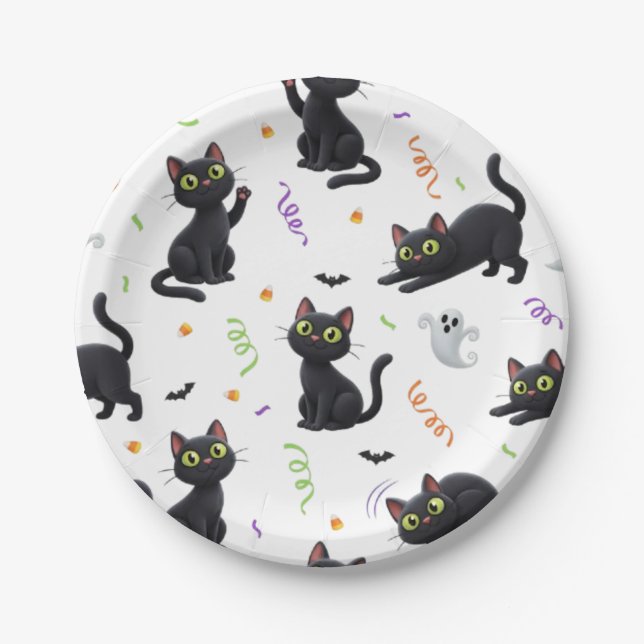 HALLOWEEN SCHWARZE KATZE PAPPTELLER (Vorderseite)