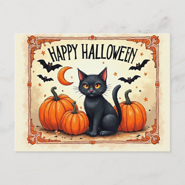 Halloween schwarze Katze Postkarte (Vorderseite)