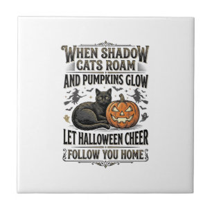 Halloween-Schwarze-Katze-Shirt-Vintage-Kürbis-Grav Fliese