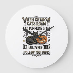 Halloween-Schwarze-Katze-Shirt Vintage-Kürbis-Grav Große Wanduhr