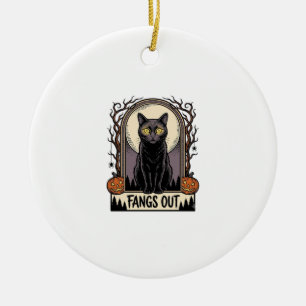 Halloween-Schwarze-Katze-Shirt-Vintage-Reißzähne-D Keramik Ornament