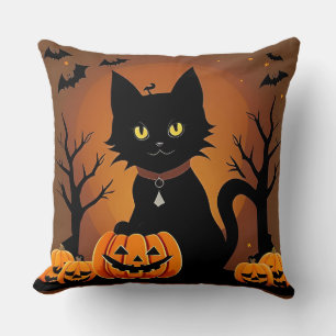 Halloween-Schwarze Katze umgeben von Kürbislaterne Kissen