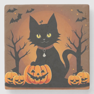 Halloween-Schwarze Katze umgeben von Kürbislaterne Steinuntersetzer