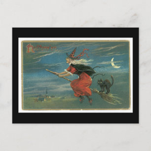 Halloween schwarze Katze und Hexe Postkarte