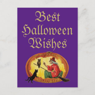 Halloween schwarze Katze und Hexe Postkarte