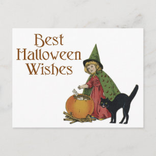 Halloween schwarze Katze und Hexenmädchen Postkarte