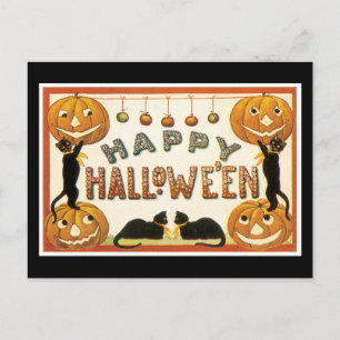 Halloween schwarze Katze und Kürbis Postkarte