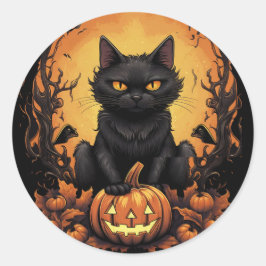 Halloween | Schwarze Katze und Kürbis Runder Aufkleber