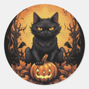 Halloween   Schwarze Katze und Kürbis Runder Aufkleber