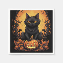 Halloween | Schwarze Katze und Kürbis Serviette