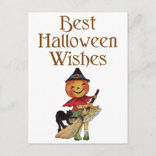 Halloween-Schwarze Katze und Kürbismädchen Postkarte