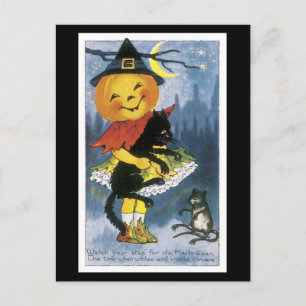 Halloween-Schwarze Katze und Kürbismädchen Postkarte