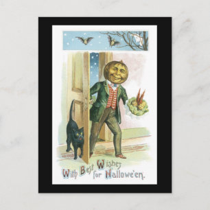 Halloween-Schwarze Katze und Kürbismann Postkarte