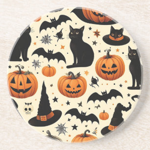 Halloween-Schwarze Katze und Kürbismuster Getränkeuntersetzer