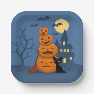 Halloween schwarze Katze und Kürbisse Pappteller