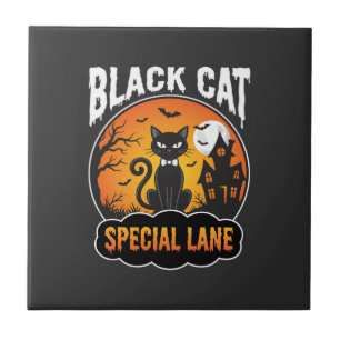 Halloween-Schwarze-Katze-Verlassenes-Haus-Mond-Des Fliese