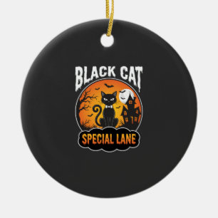 Halloween-Schwarze-Katze-Verlassenes-Haus-Mond-Des Keramik Ornament