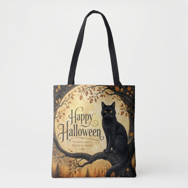 Halloween schwarze Katze Vollmond Baum (Vorderseite)