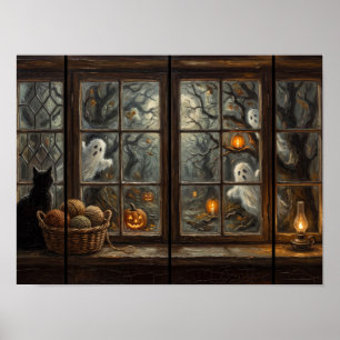 Halloween-Schwarze-Katzen-Fenster-Geister-Gemälde Poster
