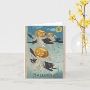 Halloween schwarze Katzen & Kürbis-Geister Vintage Karte