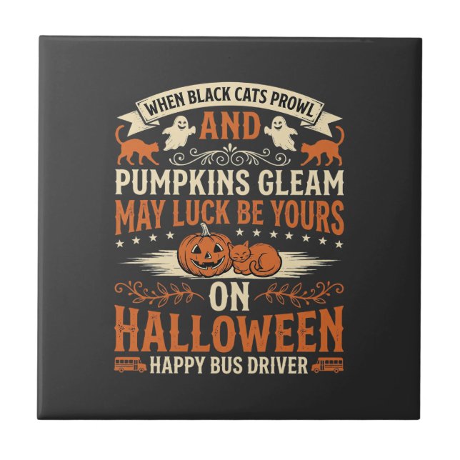 Halloween schwarze Katzen Kürbis glücklicher Busfa Fliese (Vorderseite)