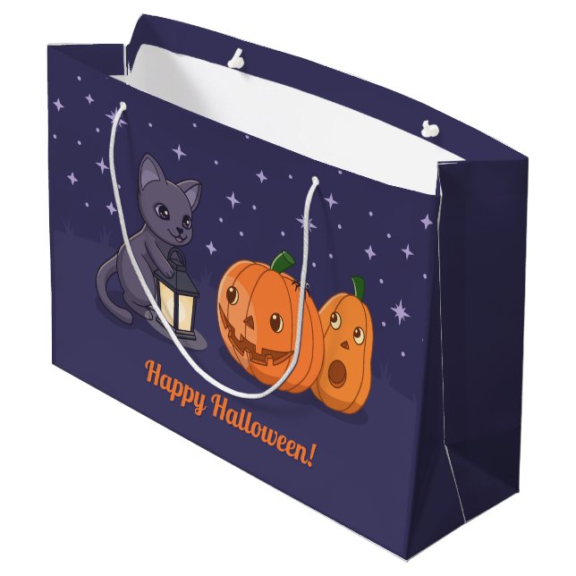 Halloween schwarze Katzen-Kürbislaterne lila Große Geschenktüte (Rückseite Schrägansicht)