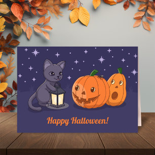 Halloween schwarze Katzen-Kürbislaterne lila Karte