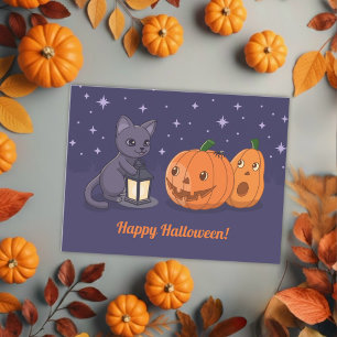 Halloween schwarze Katzen-Kürbislaterne lila Postkarte
