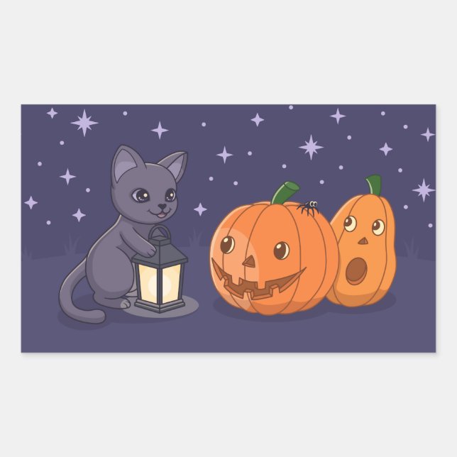 Halloween schwarze Katzen-Kürbislaterne lila Rechteckiger Aufkleber (Vorderseite)