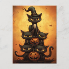 Halloween Schwarze Katzen sitzen auf Kürpen. Postkarte