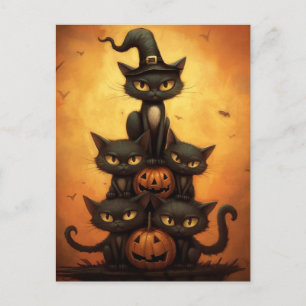 Halloween Schwarze Katzen sitzen auf Kürpen. Postkarte